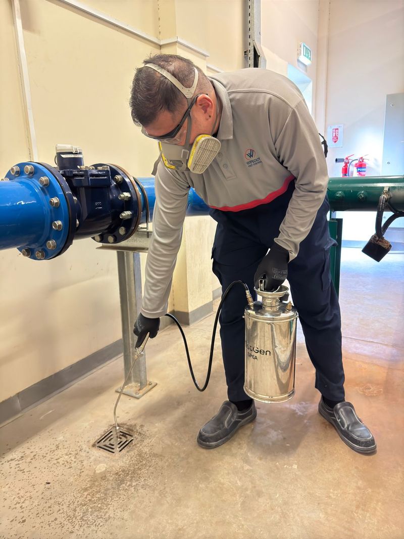 Wipeout Pest Control technician treating a floor drain and pipe entry point in a UAE facility
