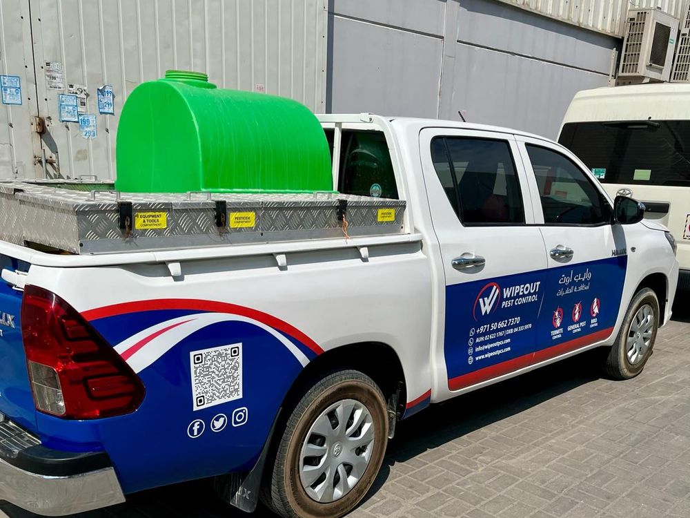 Wipeout Pest Control branded service vehicle with equipment compartments in the UAE