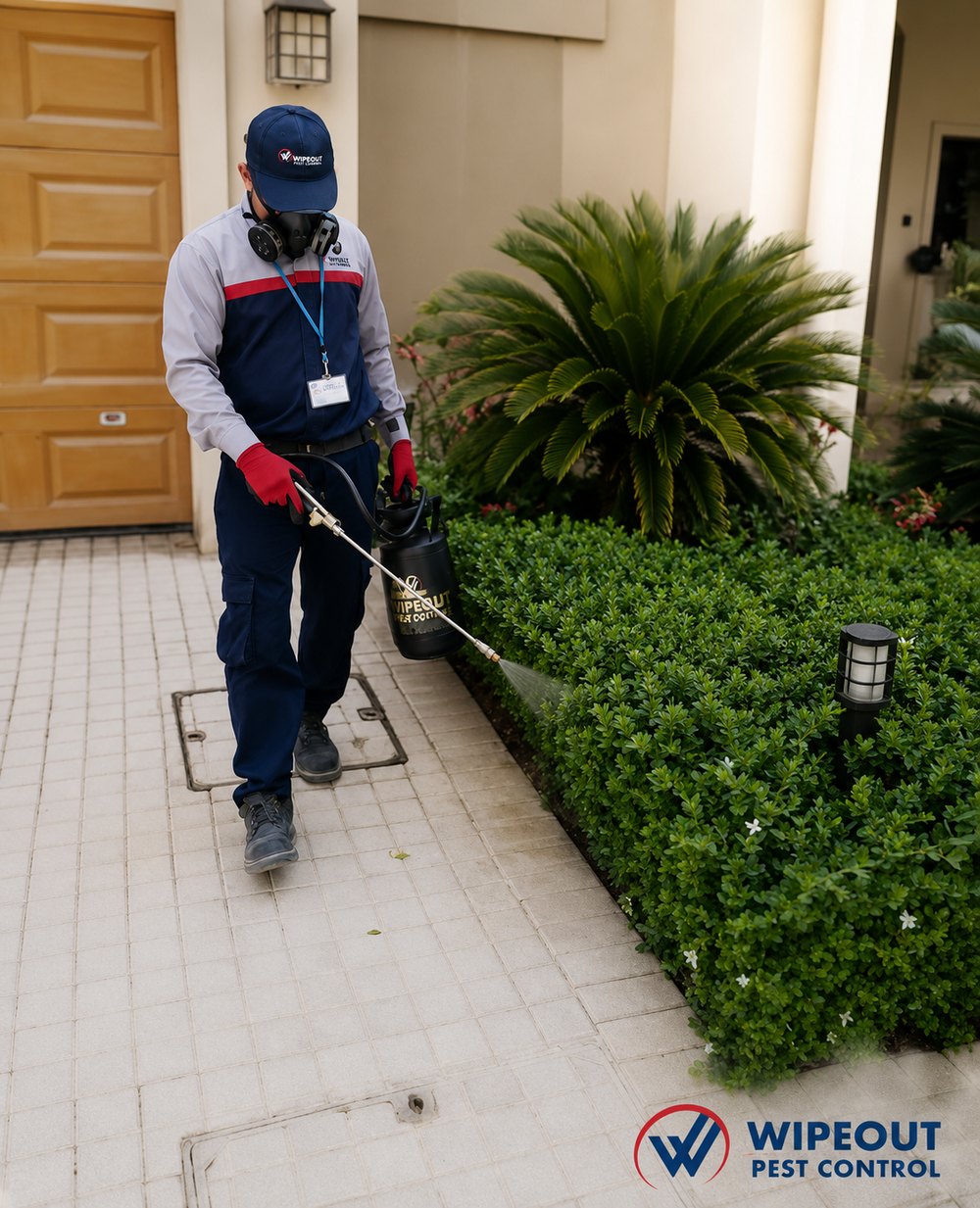 Wipeout Pest Control technician carrying out a pest control treatment at a villa in the UAE