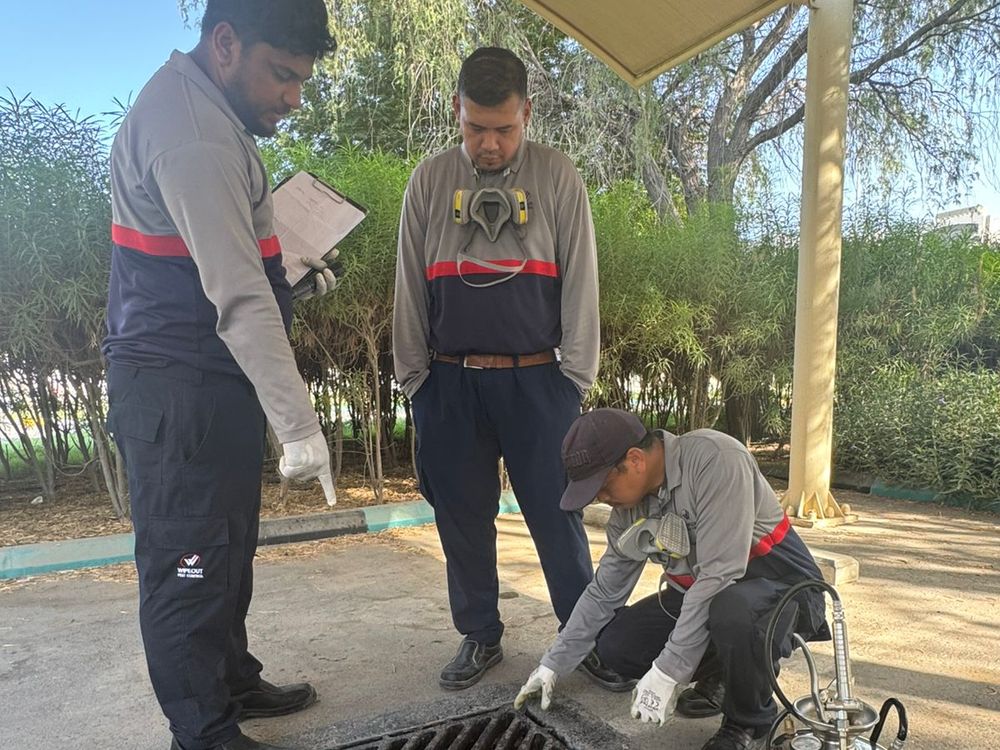 Wipeout Pest Control team inspecting and treating a storm drain at a site in the UAE
